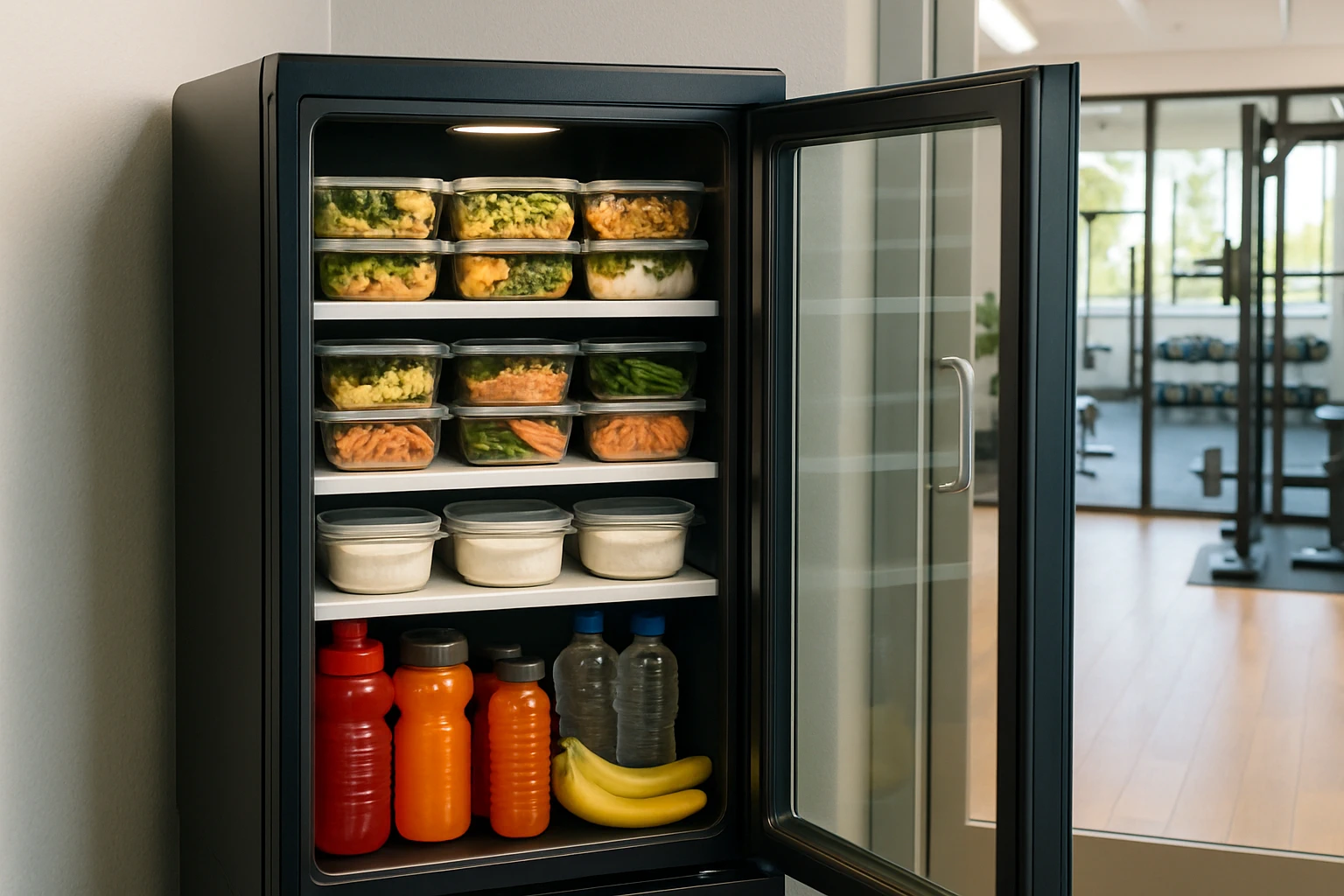 Smart fridge stocked with fresh high-protein meal containers in a Southern California gym staff break room with fitness equipment visible through glass