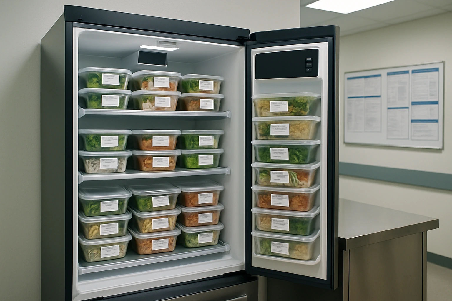 Smart fridge with fresh labeled meal containers in a hospital staff break room with stainless counter and fluorescent lighting