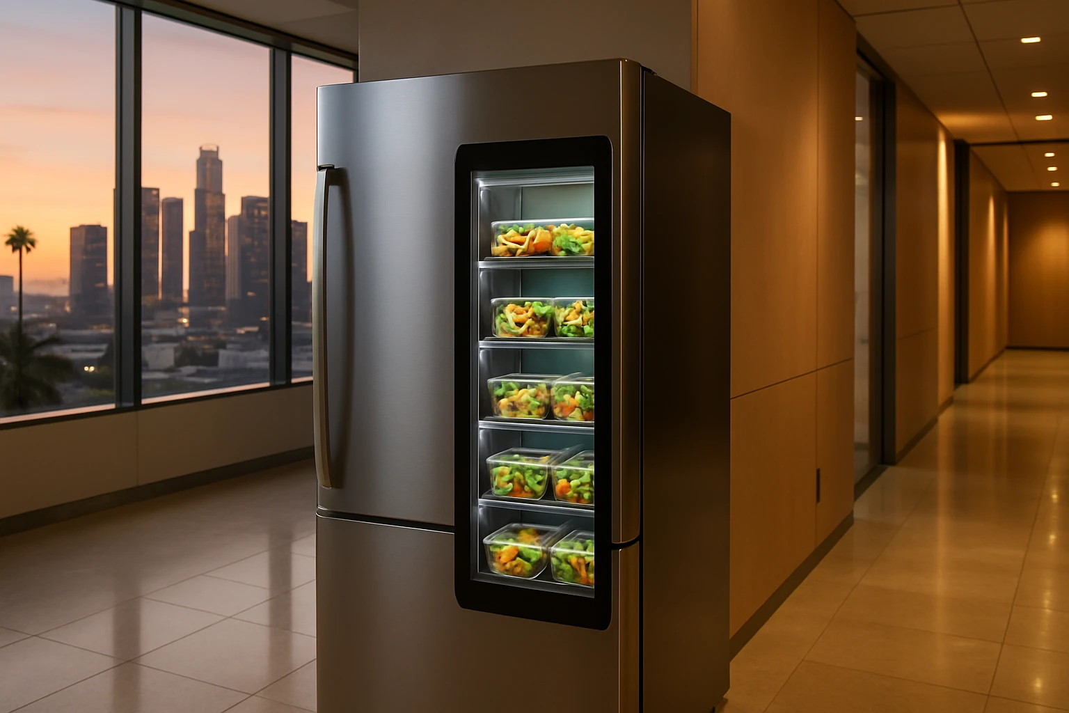 Sleek smart fridge stocked with fresh California-cuisine meal containers in a modern Los Angeles office with city skyline visible through floor-to-ceiling windows