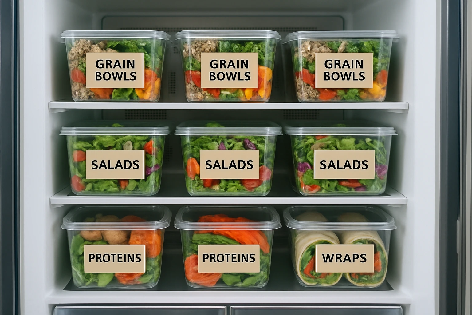 Interior view of a smart fridge showing neatly arranged rows of fresh labeled meal containers with grain bowls, salads, proteins, and wraps organized by category