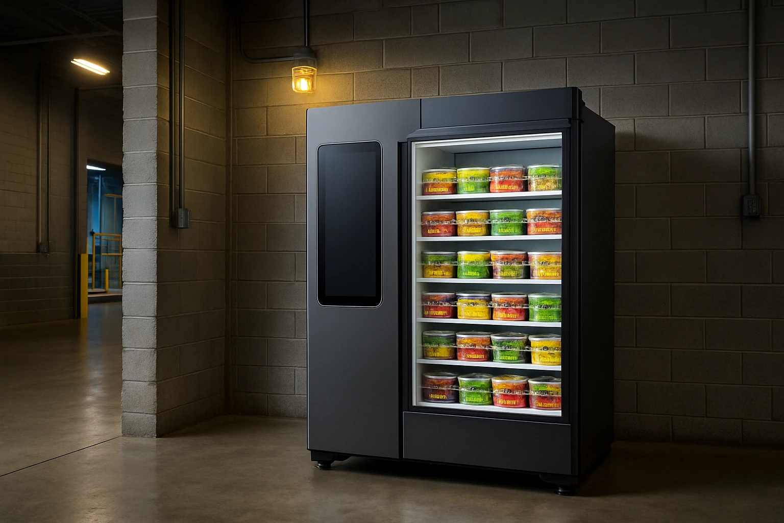 Smart fridge stocked with fresh labeled meal containers in a Moreno Valley California warehouse break room with concrete walls and overhead safety lighting