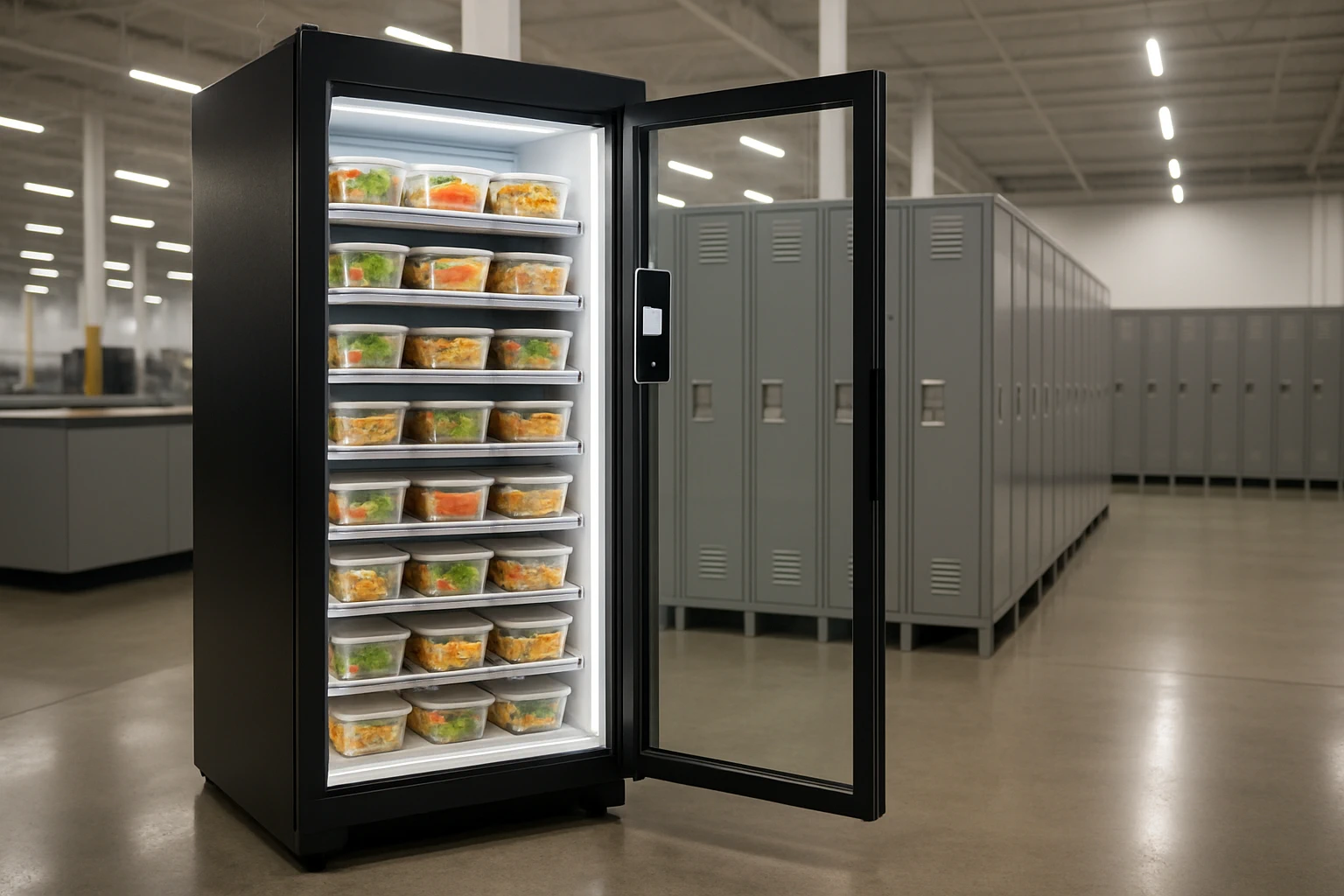 Smart fridge stocked with fresh labeled meal containers in a clean Ontario California warehouse break room with LED lighting and concrete floor