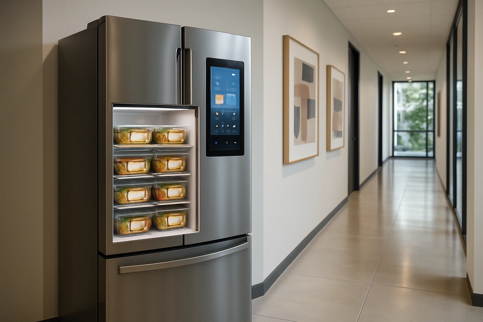 Sleek modern smart fridge stocked with fresh meal containers in a contemporary Orange County corporate office hallway with polished floors and natural light