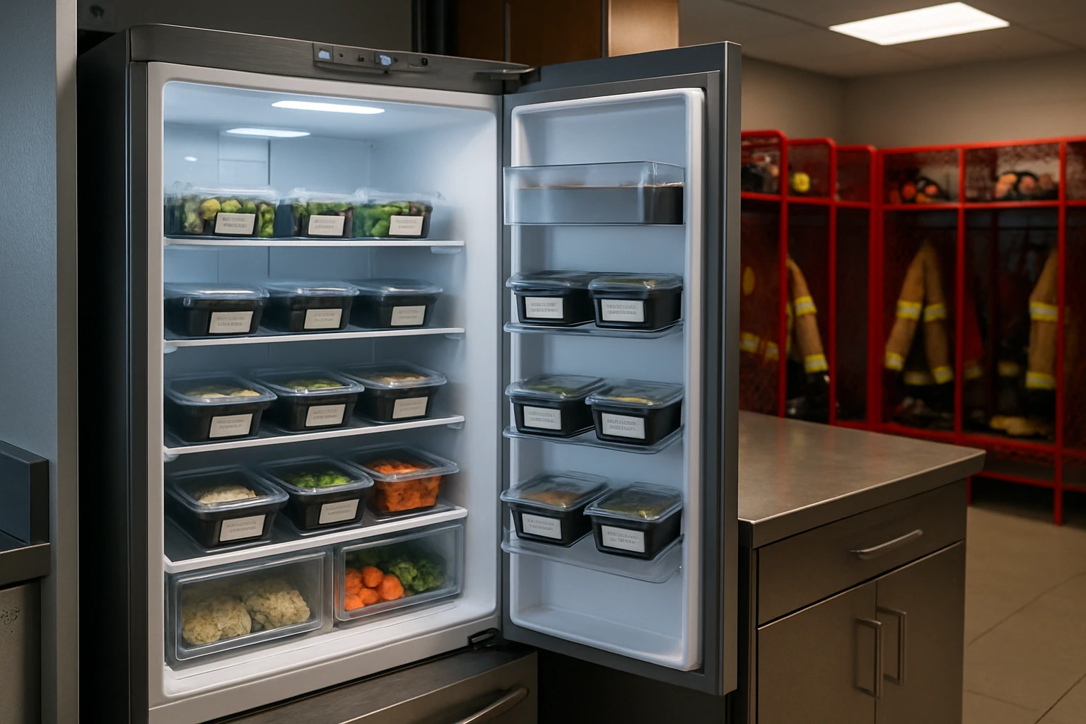 Smart fridge stocked with fresh labeled meals in a fire station kitchen area with stainless counter and red equipment rack visible in background