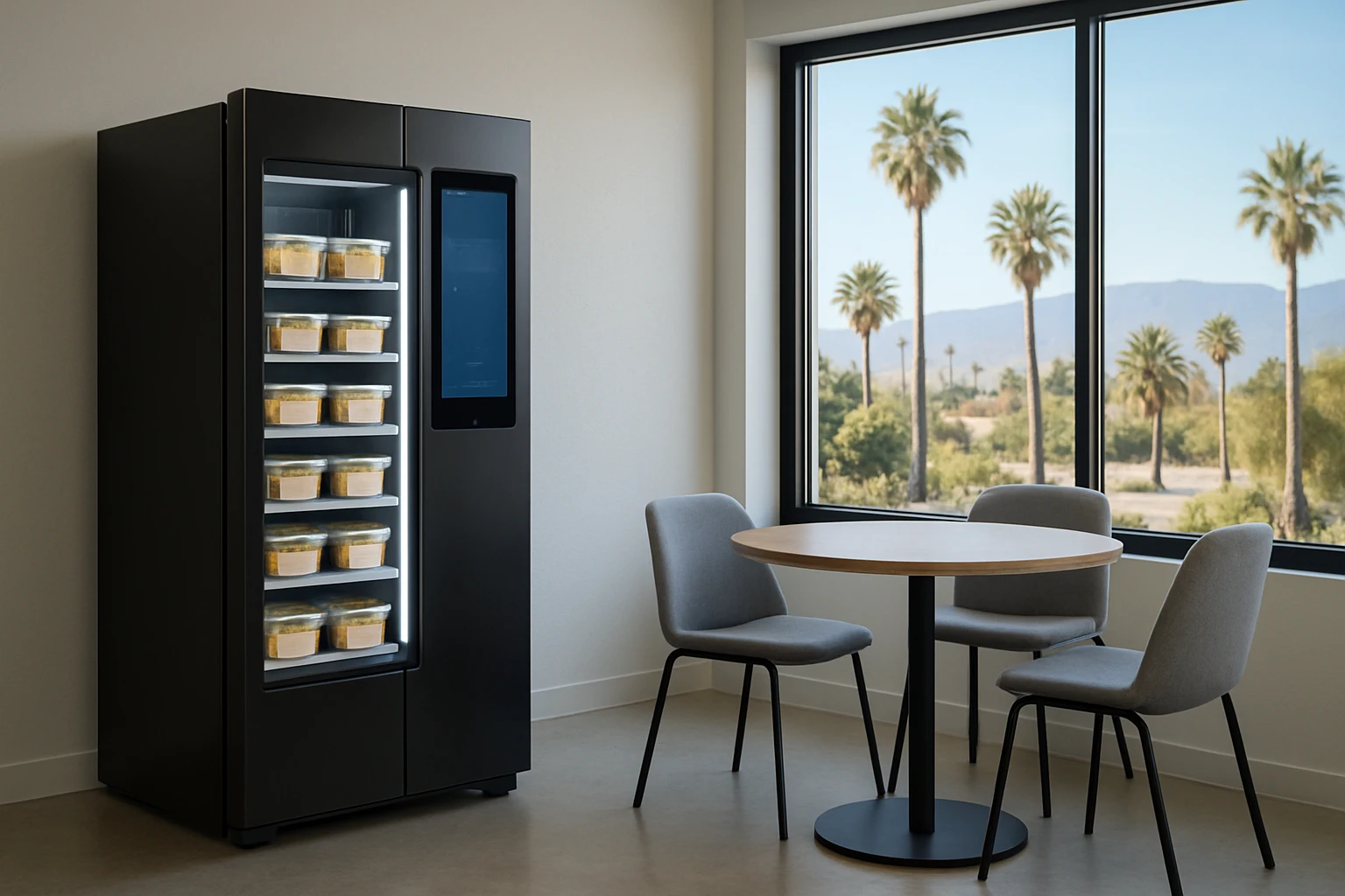 Smart fridge stocked with fresh labeled meals in a small Southern California satellite office break room with a window overlooking California landscape