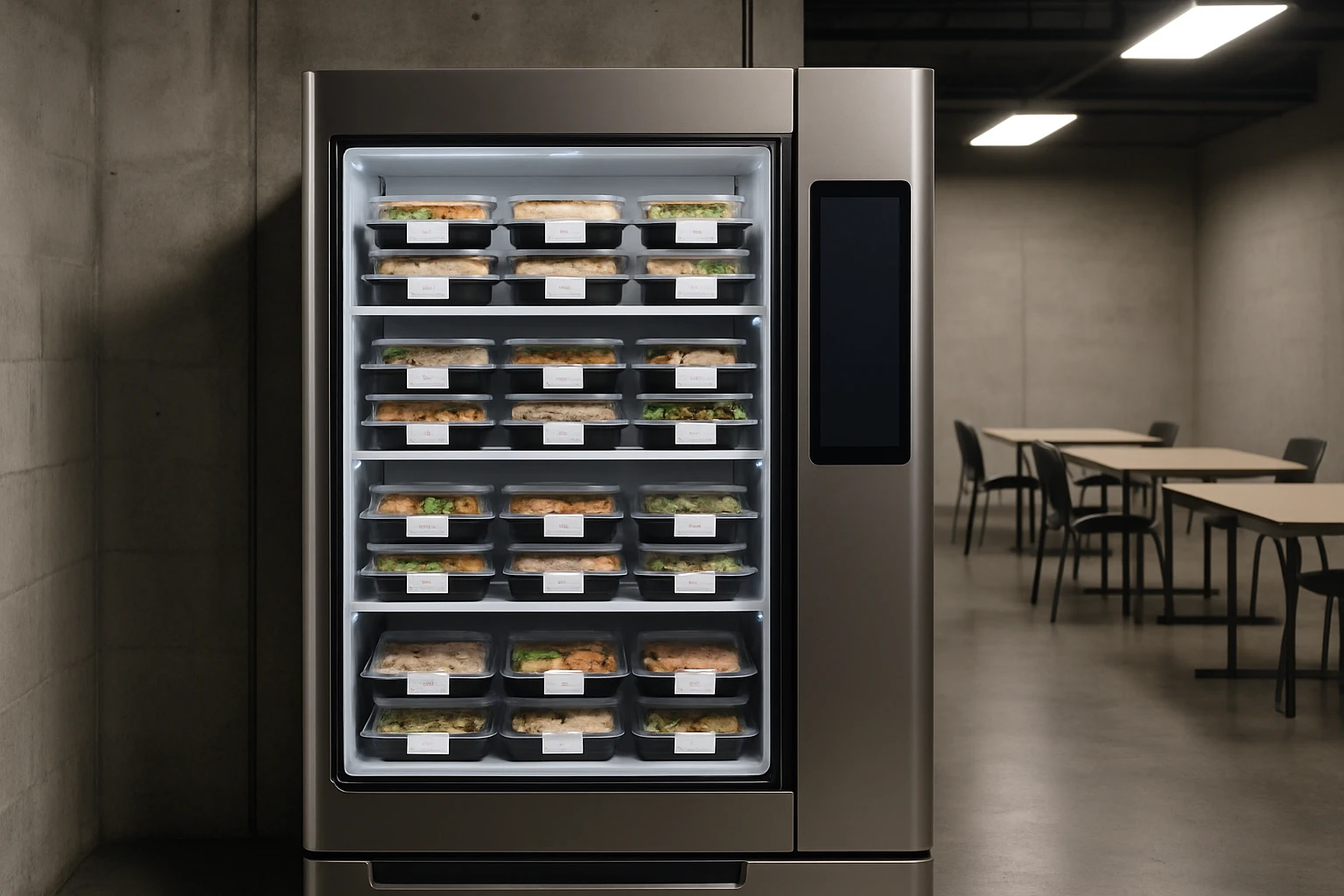 Smart fridge stocked with fresh labeled meal containers in a Riverside California manufacturing break room with industrial LED lighting