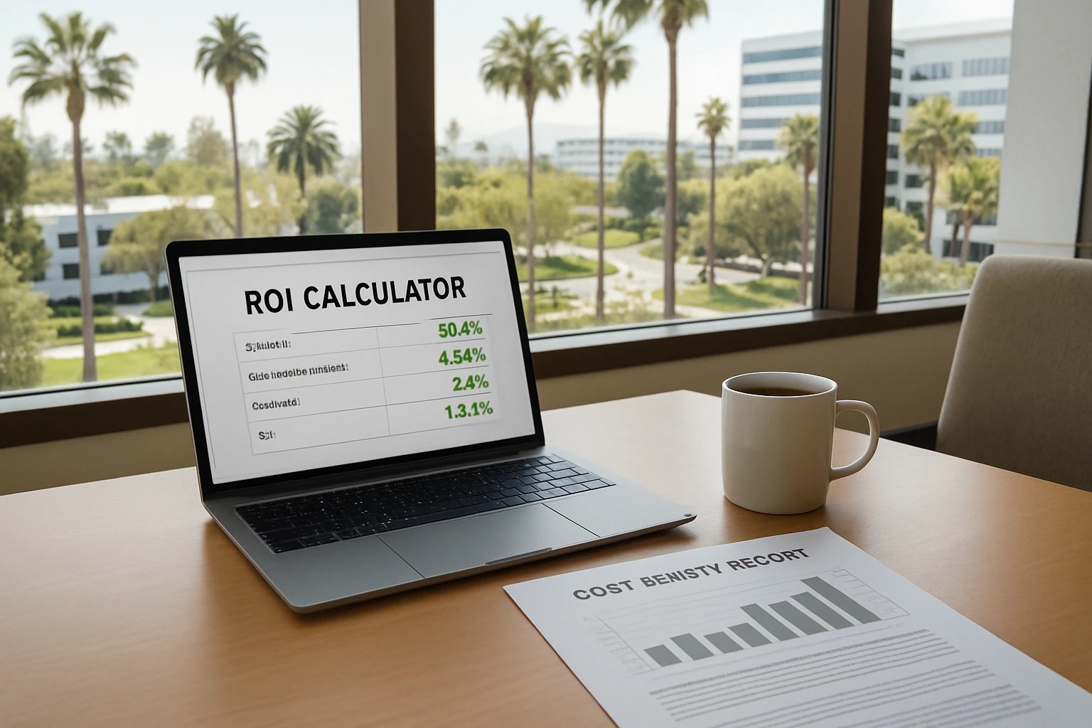 Laptop showing ROI spreadsheet on an executive desk with a printed cost-benefit report in a modern Southern California office