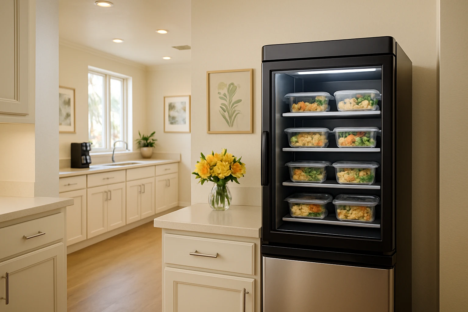 Smart fridge with fresh meal containers in a bright Southern California senior living facility staff kitchen with warm lighting and flowers on the counter