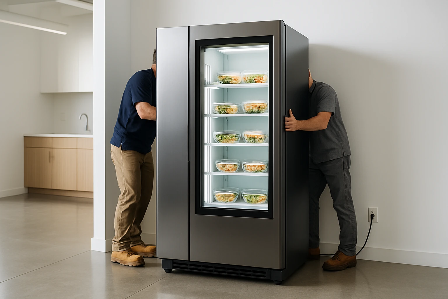 A new smart fridge placed in a Southern California office break room, interior lights glowing with fresh meals visible through the glass door