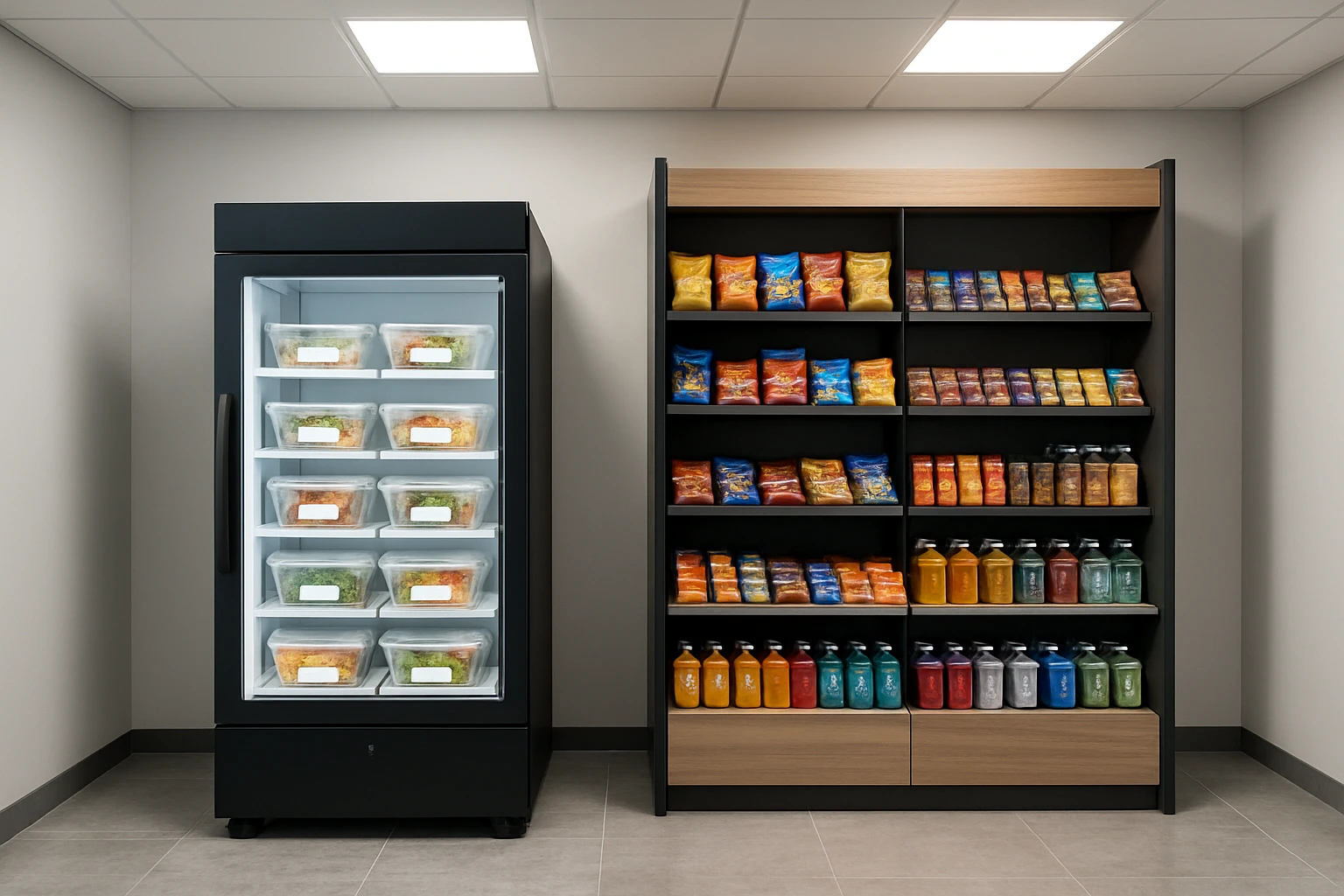 Side-by-side comparison of a smart fridge with fresh meals and a micro-market snack shelf in a modern office break room