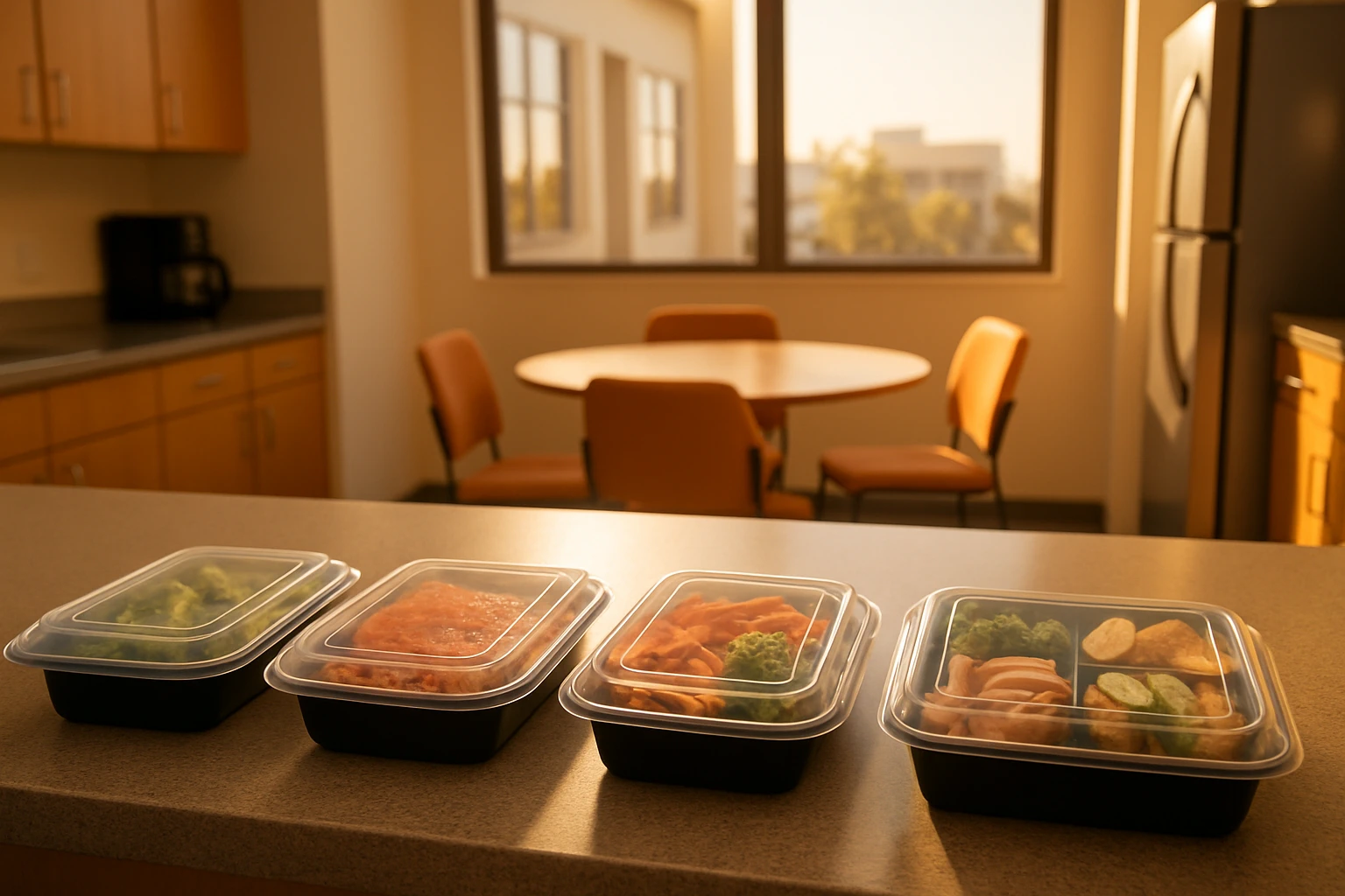 Fresh individually labeled weekly meal delivery containers arranged on a counter in a bright Orange County office break room in warm California afternoon light