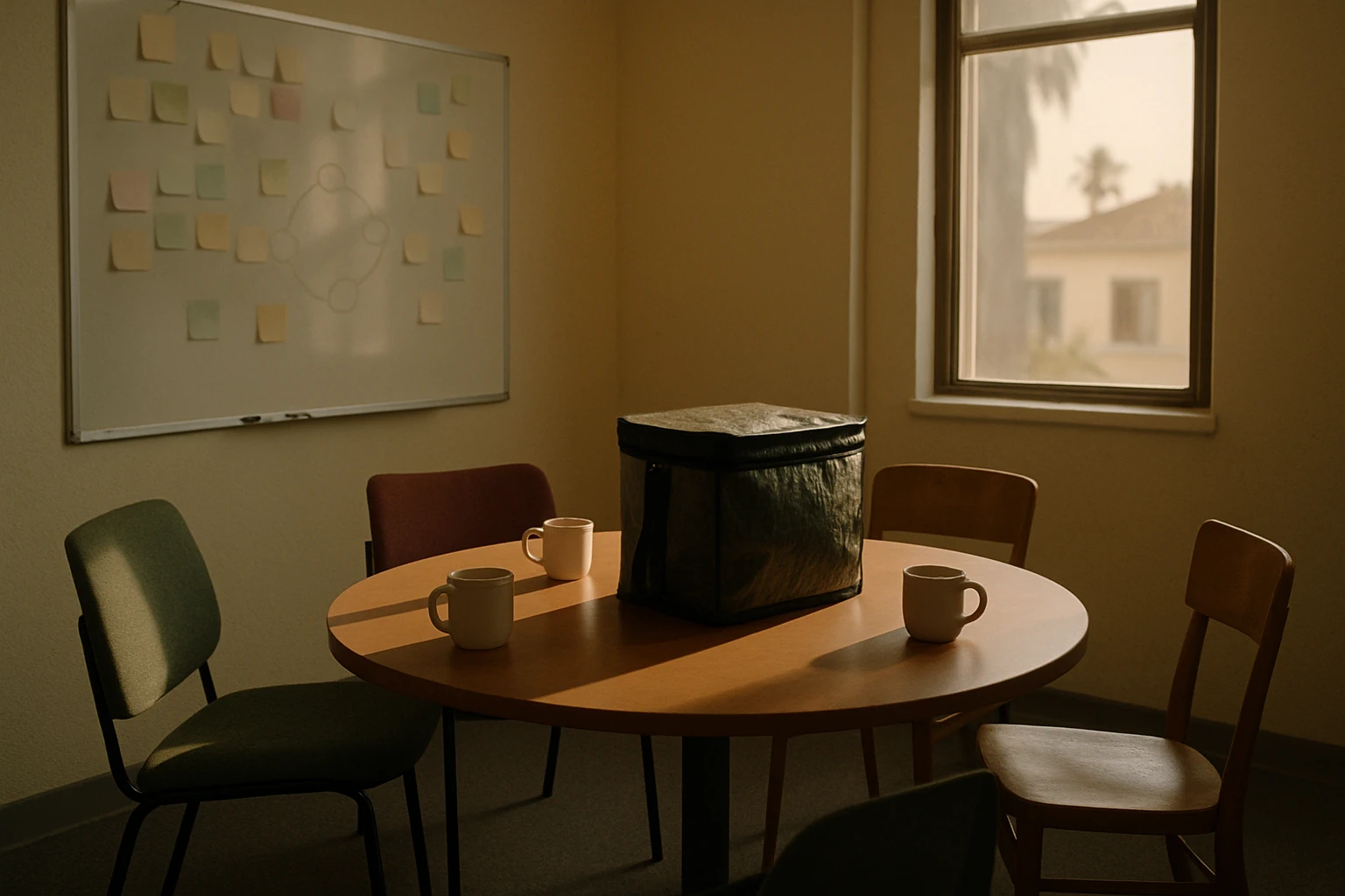 Compact minimalist satellite office kitchenette with six labeled fresh meal containers neatly arranged on a small counter, succulents, reusable cutlery, warm California window light