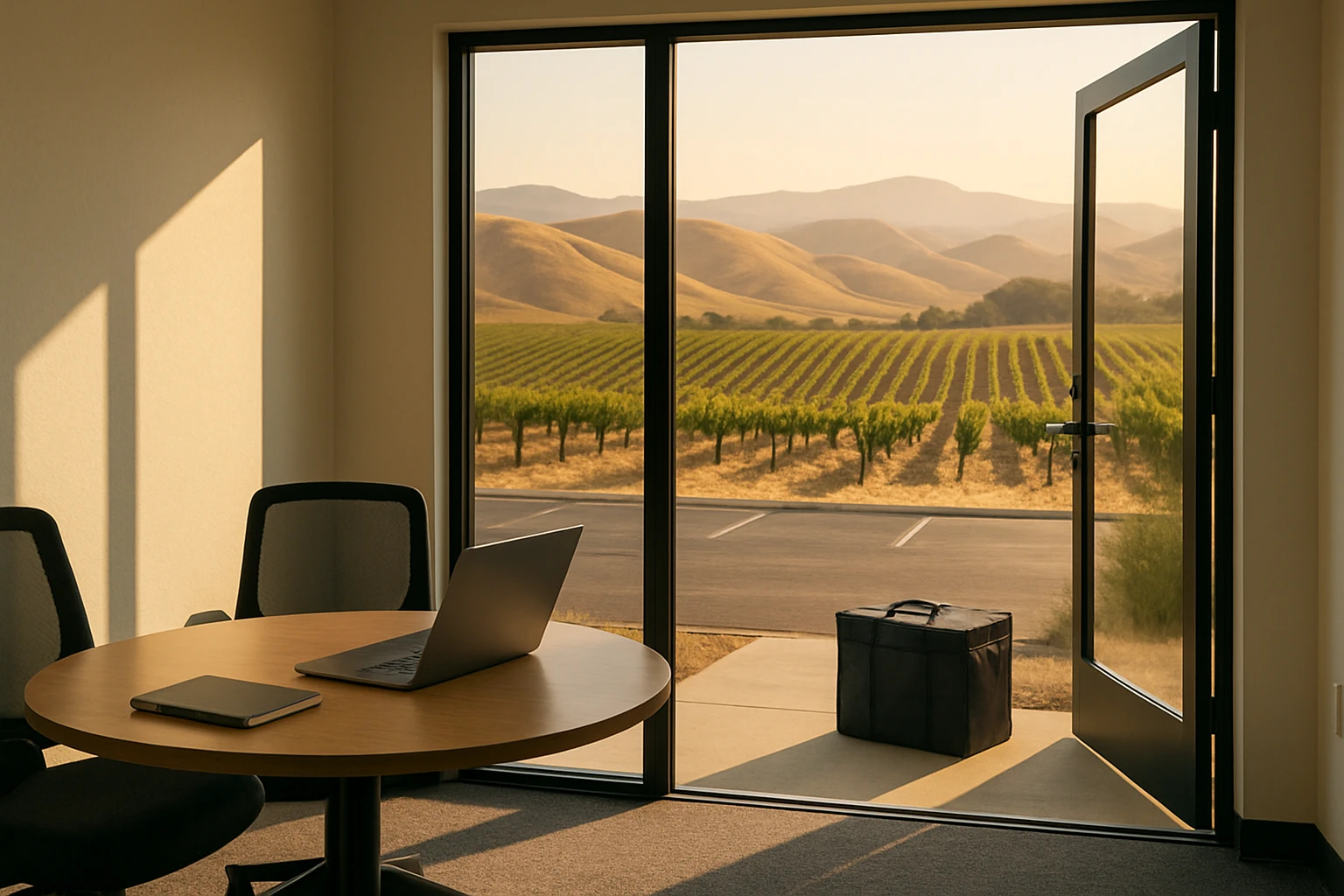 Modern wine-country-style office kitchenette with labeled meal containers and fresh greens, rolling hills visible through a glass wall in Temecula