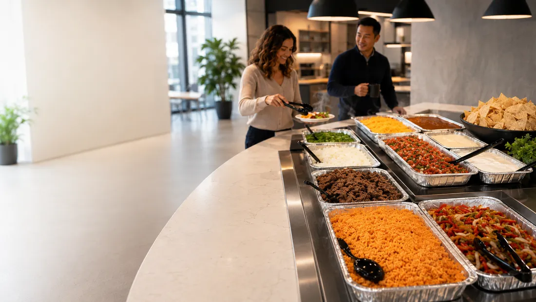 Workplace buffet lunch counter with fresh trays