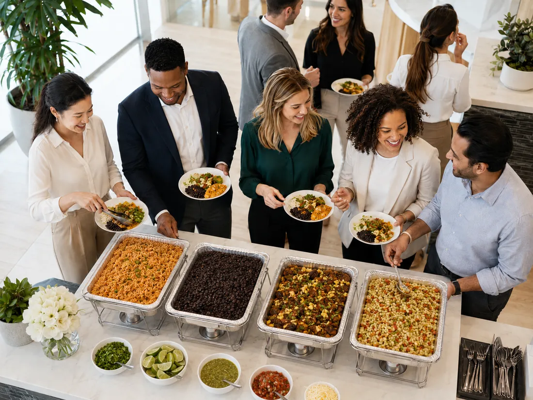 A workplace team enjoying chef-prepared MHP lunch together