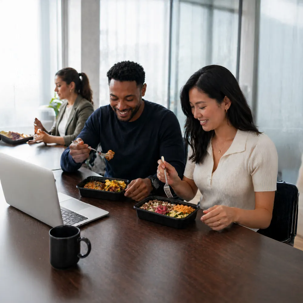 Coworkers eating fresh My Healthy Penguin meal-prep bowls together at work
