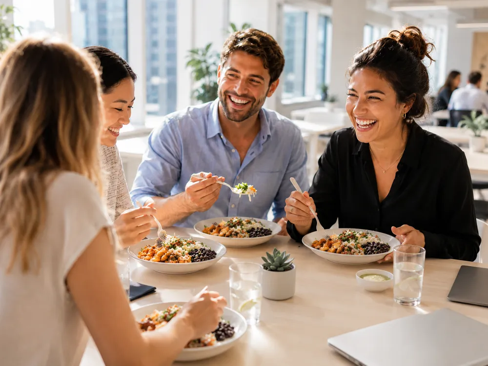 Coworkers eating fresh MHP meals together at work