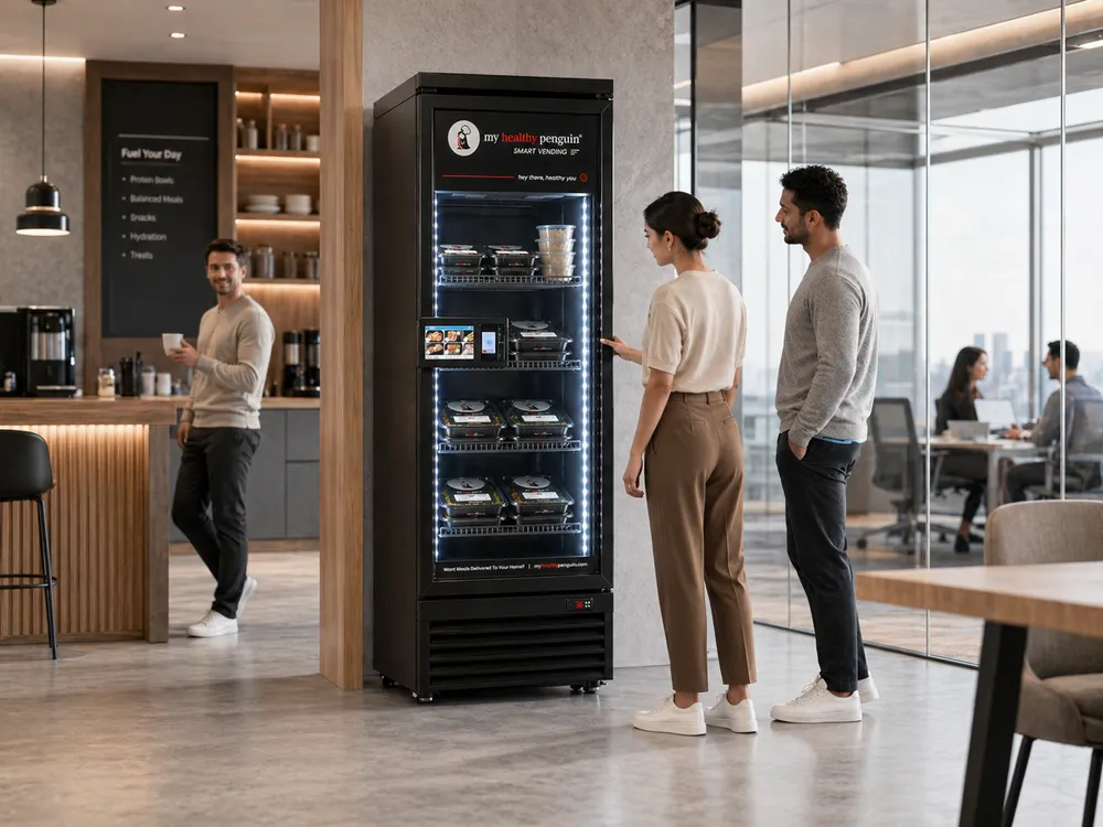 MHP smart fridge stocked with fresh meals in an office