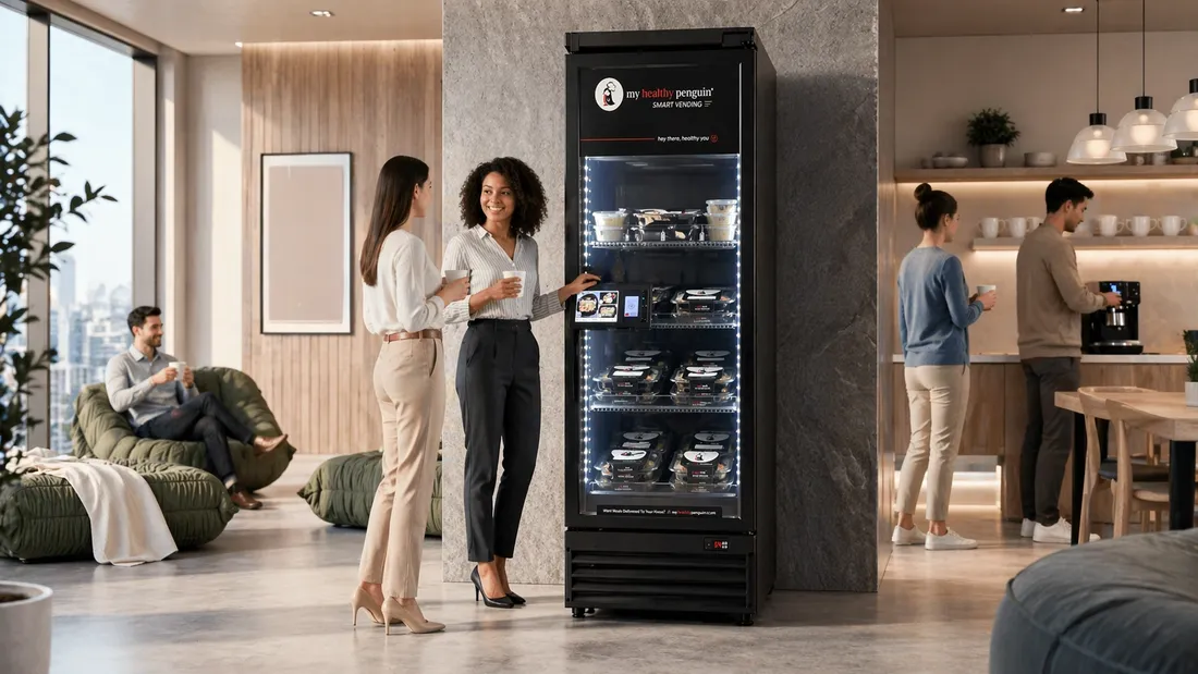 Employees grabbing meals from the MHP smart fridge