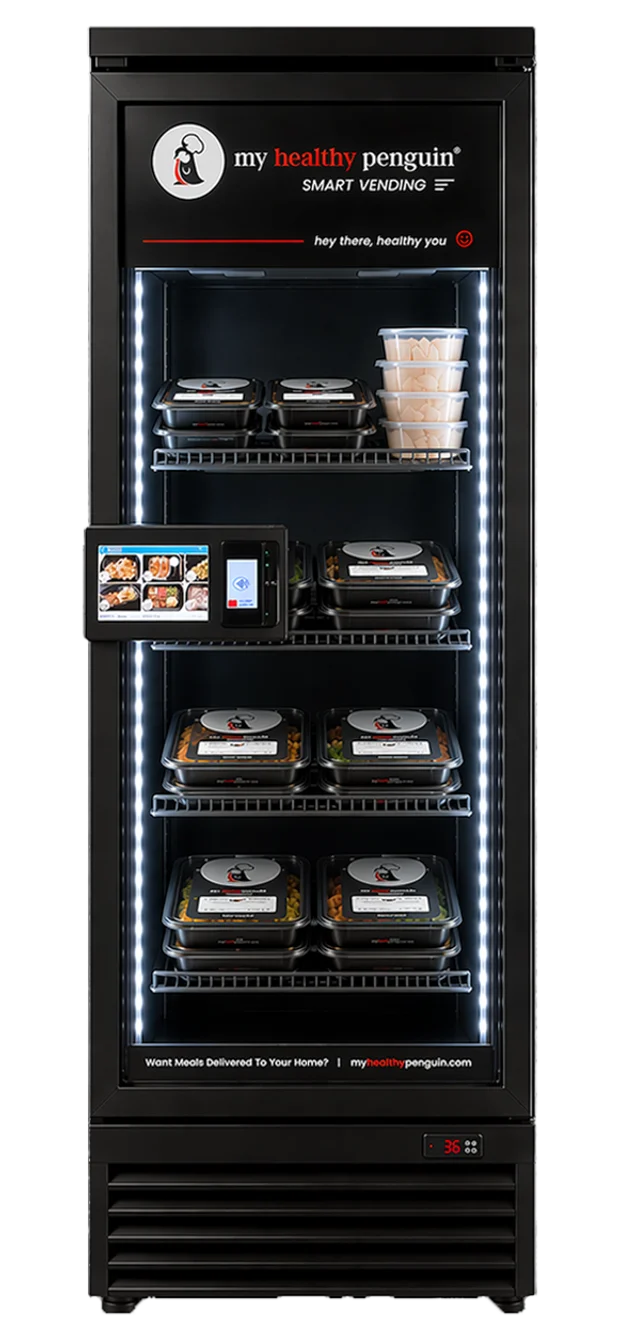 The My Healthy Penguin smart fridge, stocked with fresh grab-and-go meals