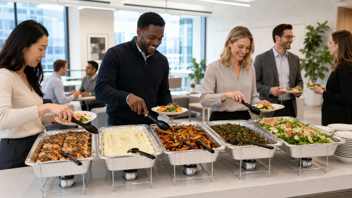 A diverse corporate team serving themselves from a hot MHP buffet line in a modern office