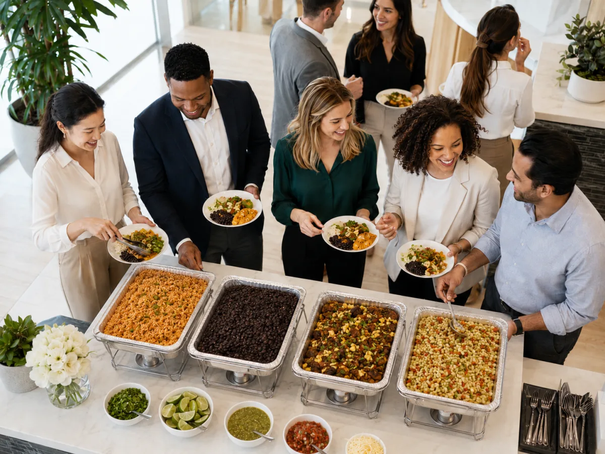 A diverse corporate team serving themselves from a fresh MHP buffet line