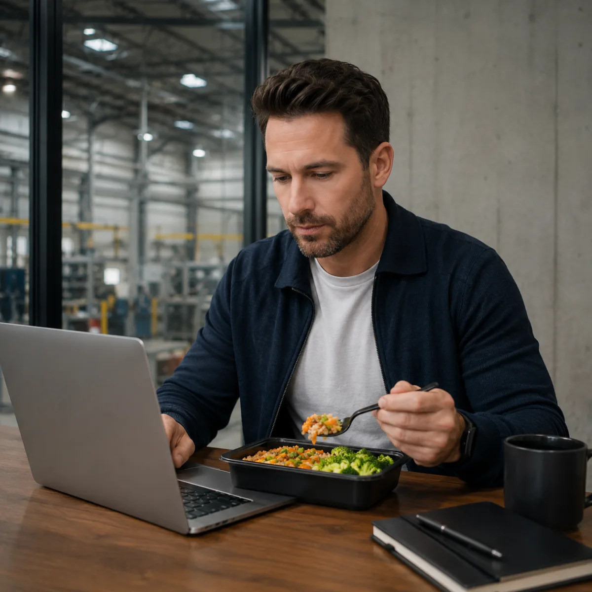 A remote employee eating a fresh MHP meal-prep tray while working at their laptop