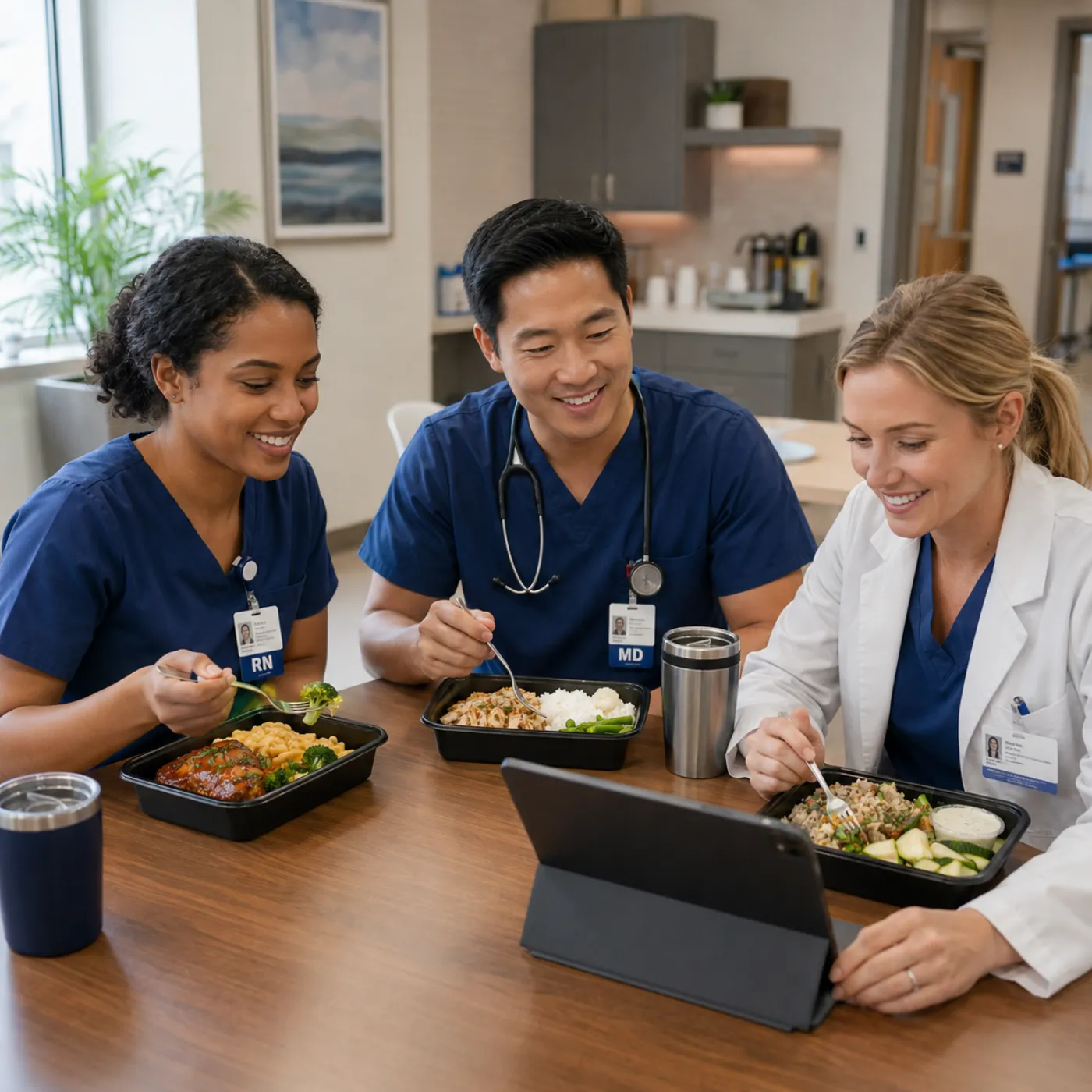 Healthcare staff sharing fresh My Healthy Penguin meals together in a hospital breakroom